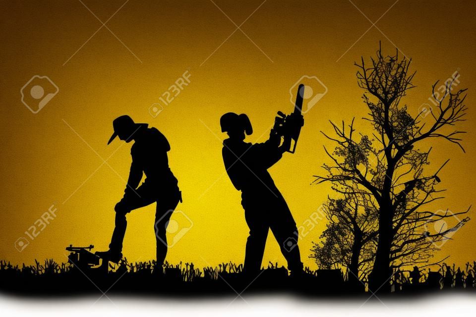 Vector silhouette of people who work in the garden.