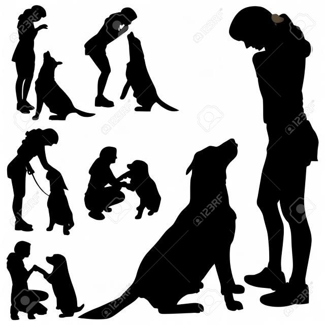 Vector silhouette of people with dog on a white background. 