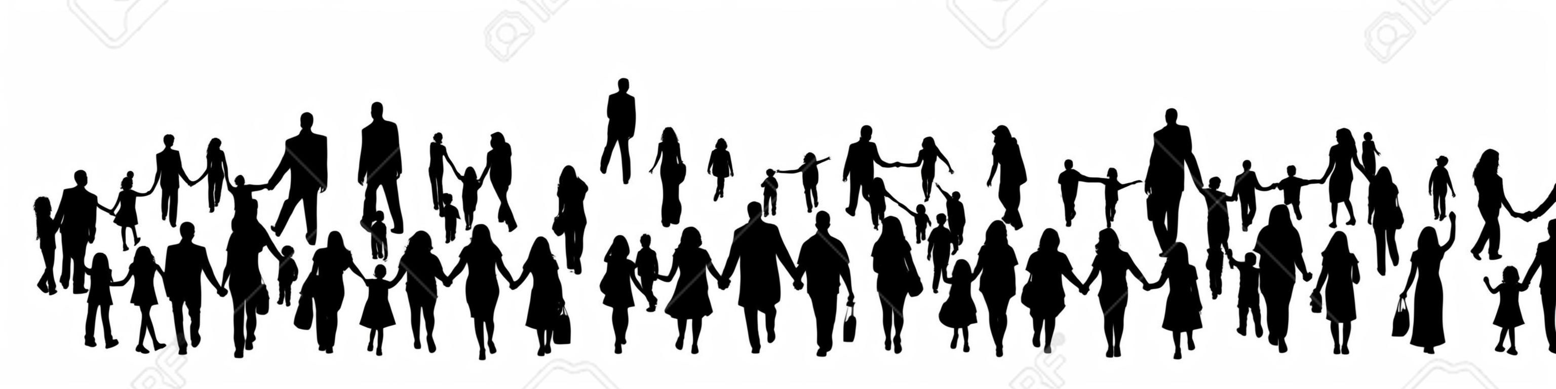 Vector silhouet van een groep mensen die elkaars hand vasthouden.