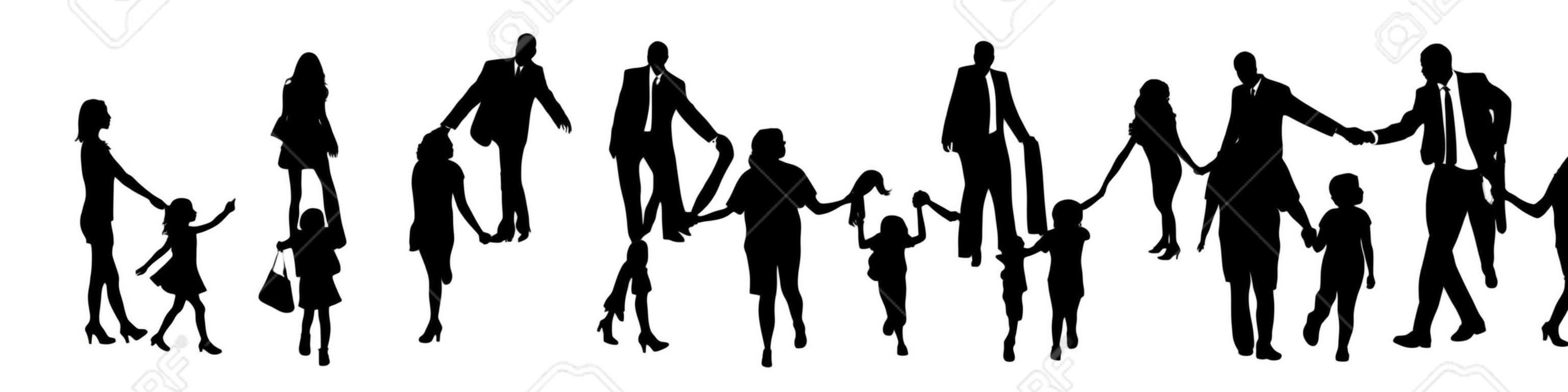 Vector silhouette di un gruppo di persone che si tengono per mano.