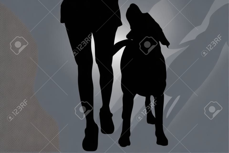 Vector silhouette di una donna con un cane su uno sfondo bianco.