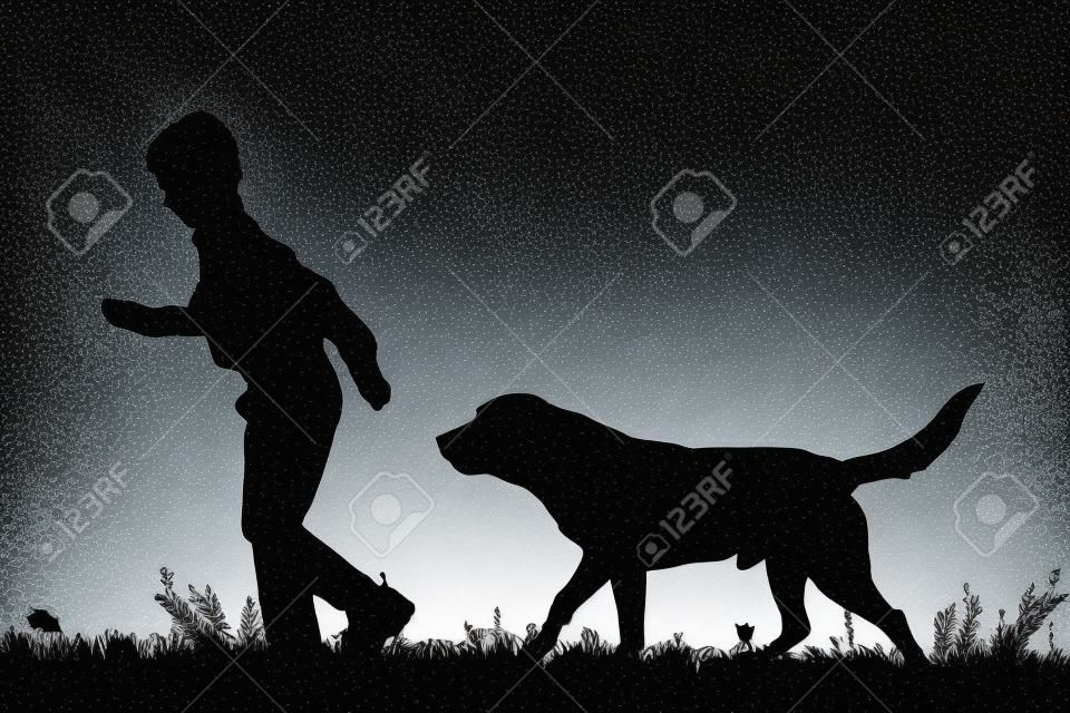 Vector silhouet van een jongen met een hond op een witte achtergrond.