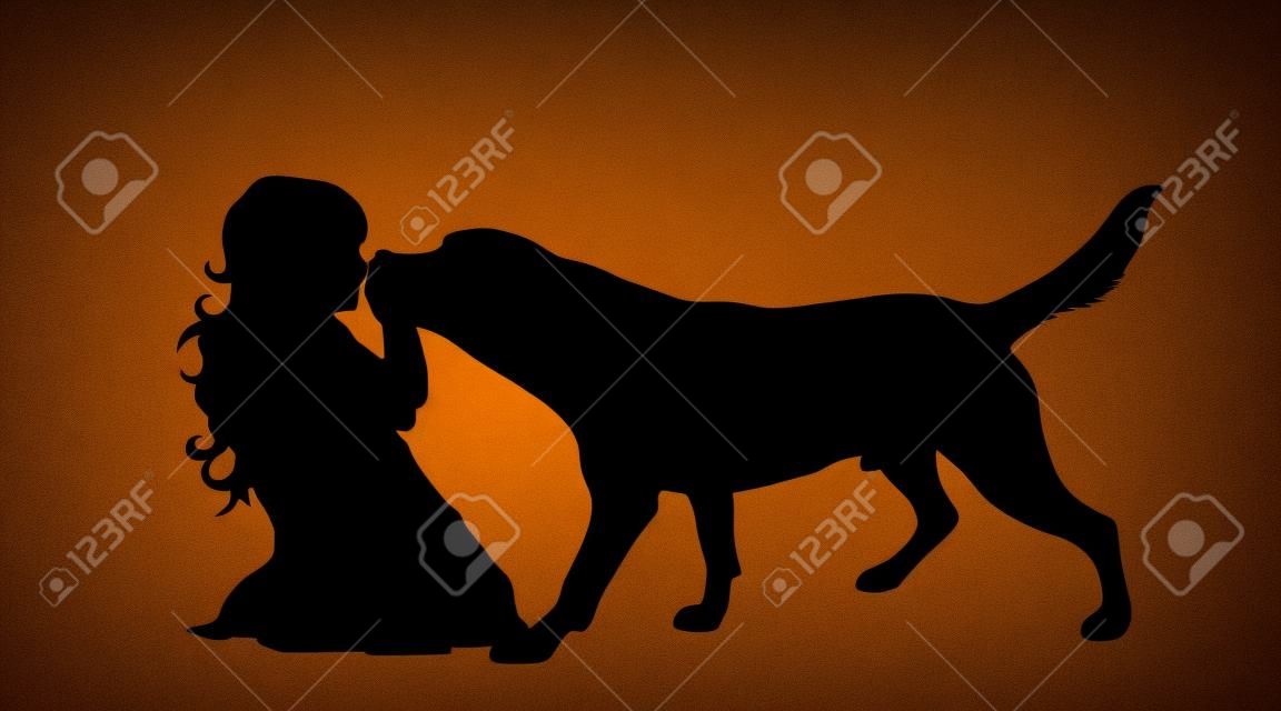 Vector silhouette of child who play with dog on white background. Symbol of friends and funny activities.