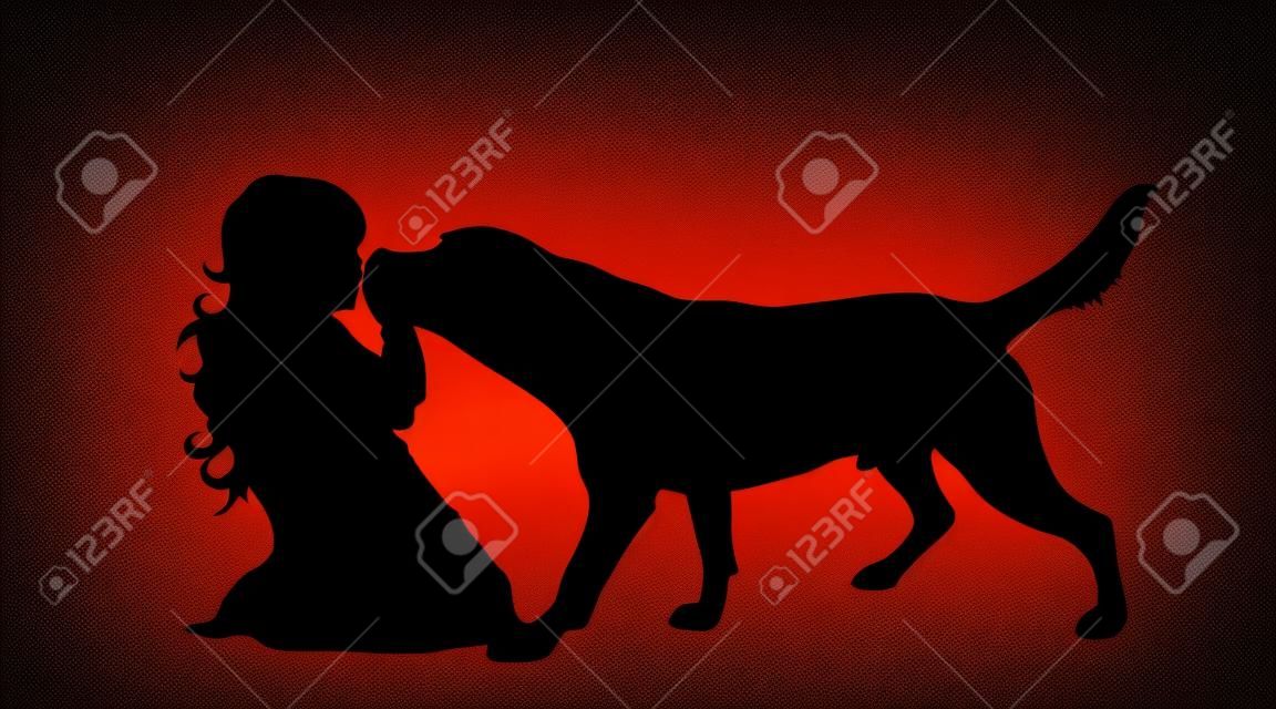 Vector silhouette of child who play with dog on white background. Symbol of friends and funny activities.