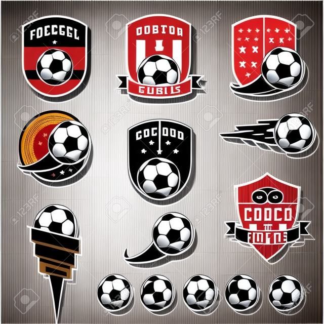 Vector illustratie set van logo's op voetbal thema, evenals items voor het spel van voetbal. Het kan worden gebruikt als embleem, logo en sjabloon voor voetbaltoernooien.