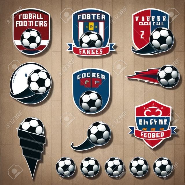 ilustracji wektorowych zestaw logotypów na temat piłki nożnej, a także przedmioty służące do gry w piłkę nożną. Może być stosowany jako godło, logo i szablon do turniejów piłkarskich.