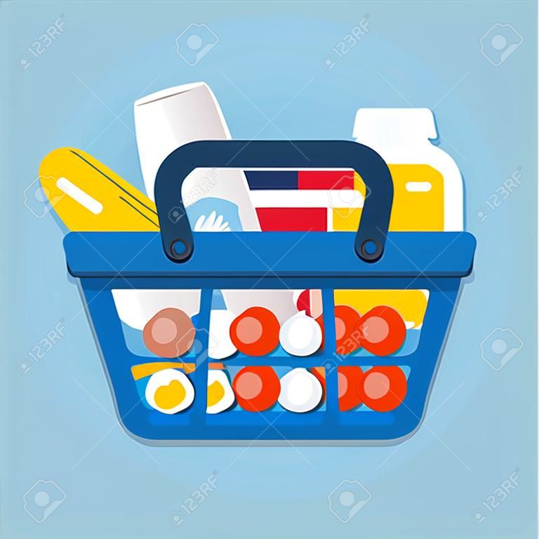 Shopping basket with foods. Illustration for design