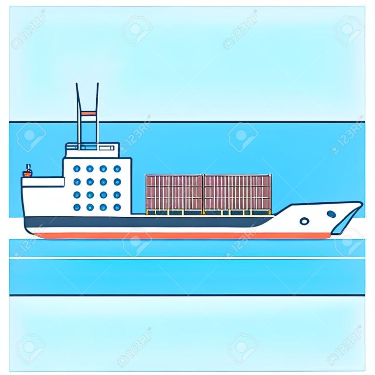 Cargo container ship transports containers at the blue ocean, vector illustration