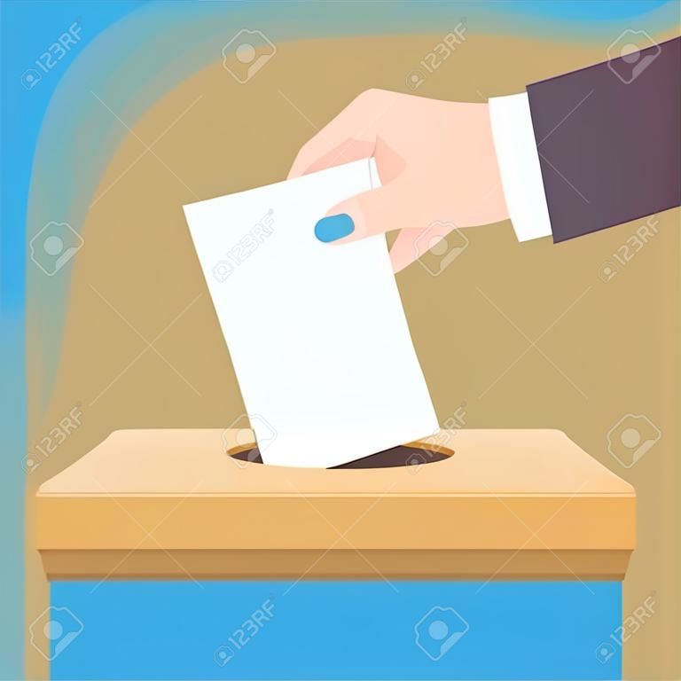 Vote. Hand putting voting paper in ballot box. Voting concept. Vector illustration