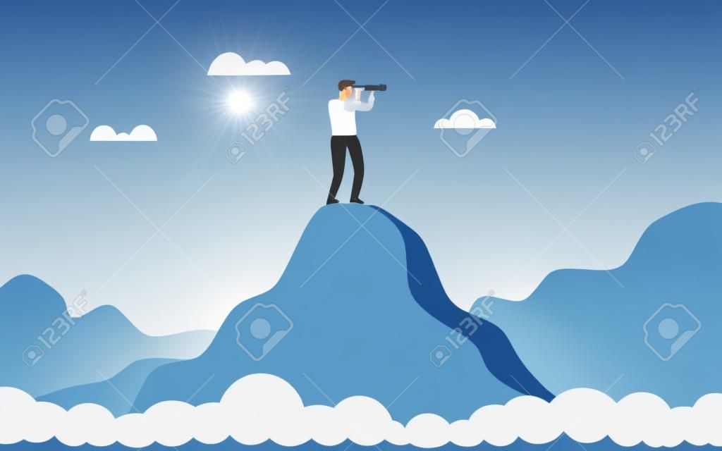 Uomo d'affari in piedi sulla cima della montagna sopra la scogliera di nuvole usando il binocolo in cerca di successo. Simbolo di nuove opportunità, visionario, successo. Illustrazione vettoriale