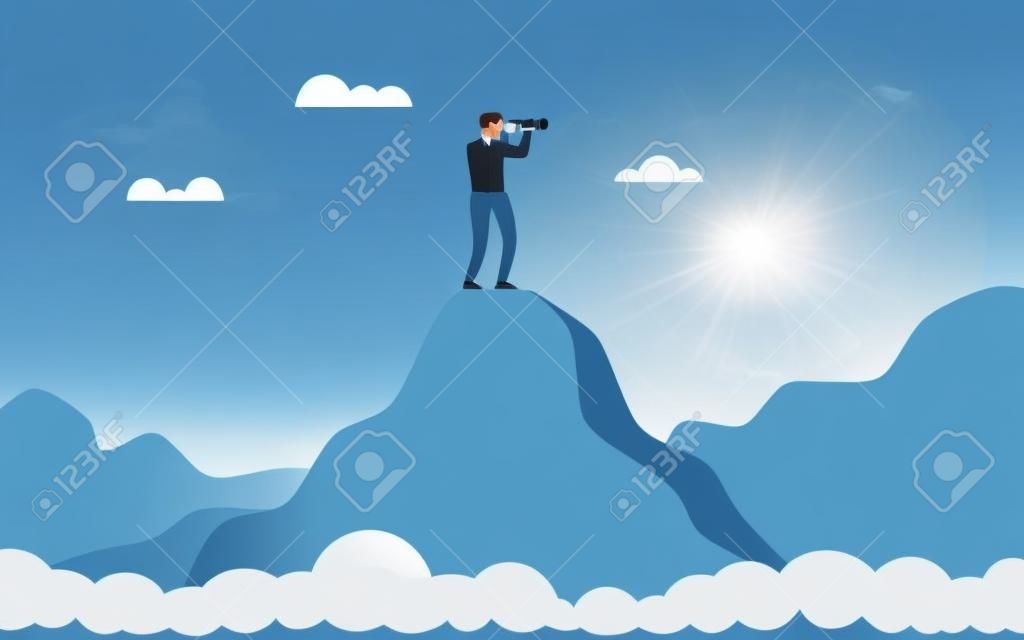 Business man standing on top of mountain above clouds cliff using binoculars looking for success. Symbol of new opportunities, visionary, success. Vector illustration