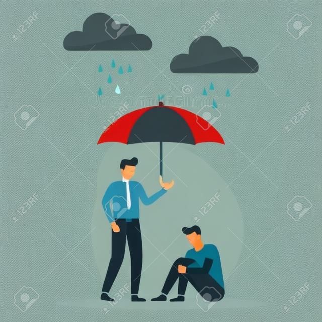 Konzept der Unterstützung und Betreuung von Menschen unter Stress, ein junger Mann hält einem anderen in einem depressiven Zustand einen Regenschirm vor. Unterstützung und Hilfe. Vektor-Illustration