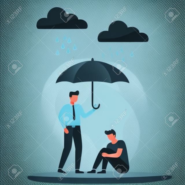Konzept der Unterstützung und Betreuung von Menschen unter Stress, ein junger Mann hält einem anderen in einem depressiven Zustand einen Regenschirm vor. Unterstützung und Hilfe. Vektor-Illustration