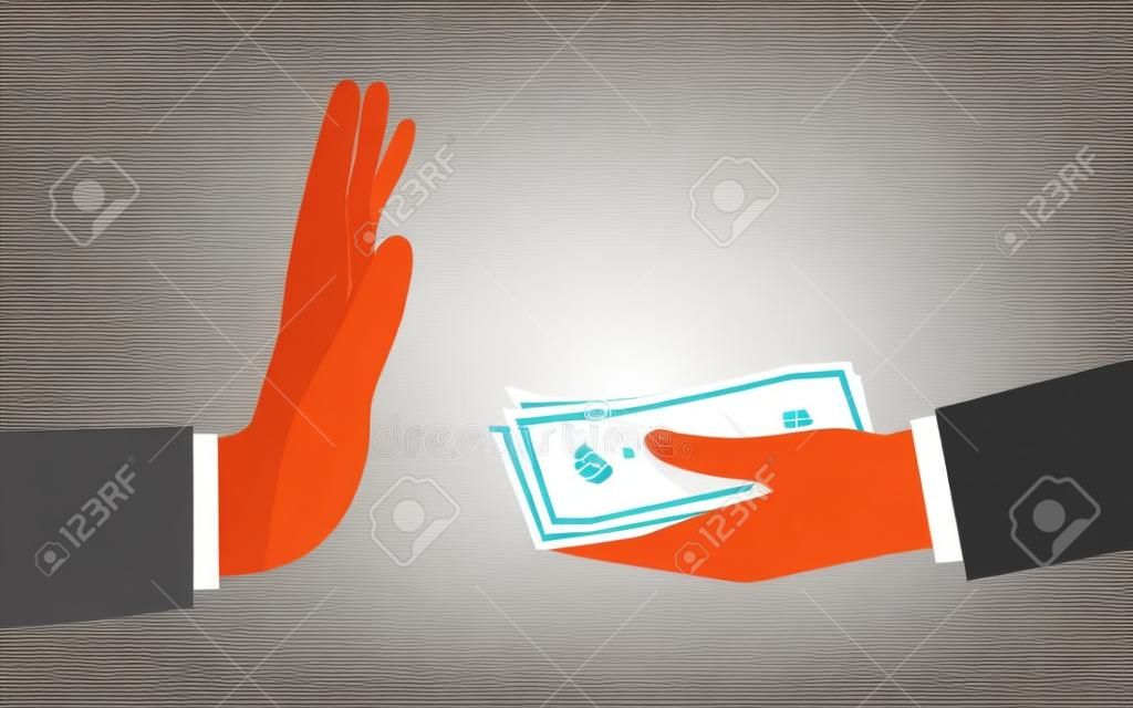 Arrêtez la corruption, concept anti-corruption. Homme d'affaires détenant de l'argent dans la main offrant un pot-de-vin, geste de la main rejetant la proposition. Illustration vectorielle