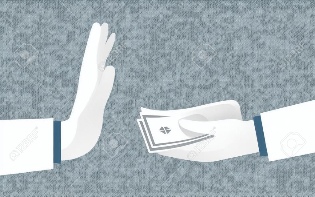 Stop corruption, anti bribery concept. Businessman holding of money in hand offering bribe, hand gesture rejecting the proposal. Vector Illustration