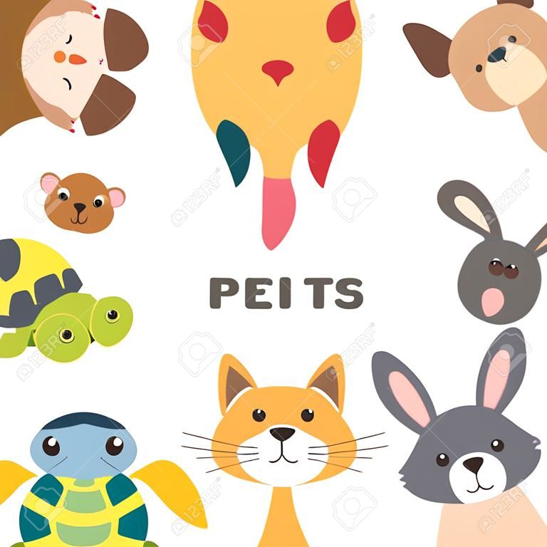 vector illustration of funny cartoon cute pets isolated on white, cute set with cat, dog, parrot, hamster, rabbit and turtle, domestic animals and birds in flat style