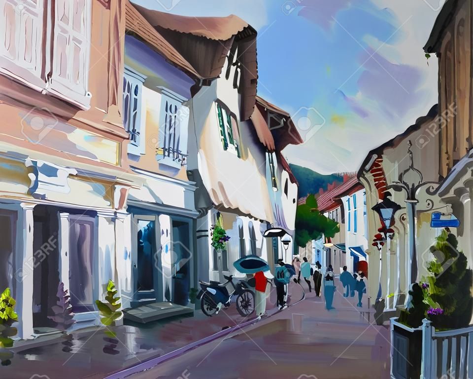 old town landscape painting - acrylic paints on hardboard
