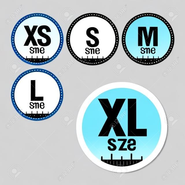 set simgeleri semboller beden giyim, gerçek ölçü standart kıyafet boyutu büyükten küçüğe xs xl etiketi, vektör şablon etiketi.