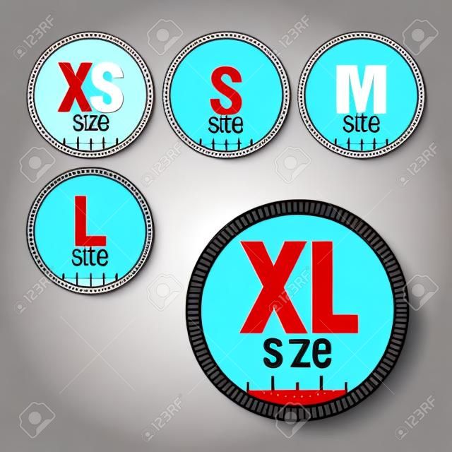 set simgeleri semboller beden giyim, gerçek ölçü standart kıyafet boyutu büyükten küçüğe xs xl etiketi, vektör şablon etiketi.