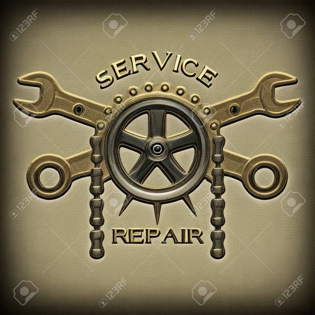 Servicio de reparacion y mantenimiento. Logotipo del emblema de estilo vintage.