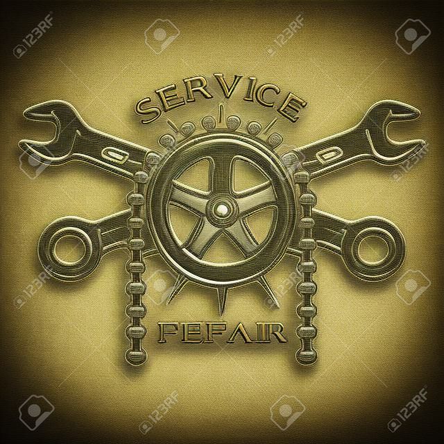 Servicio de reparacion y mantenimiento. Logotipo del emblema de estilo vintage.