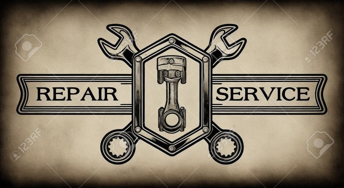汽车服务徽章标志扳手柱塞和文本的地方单色风格
