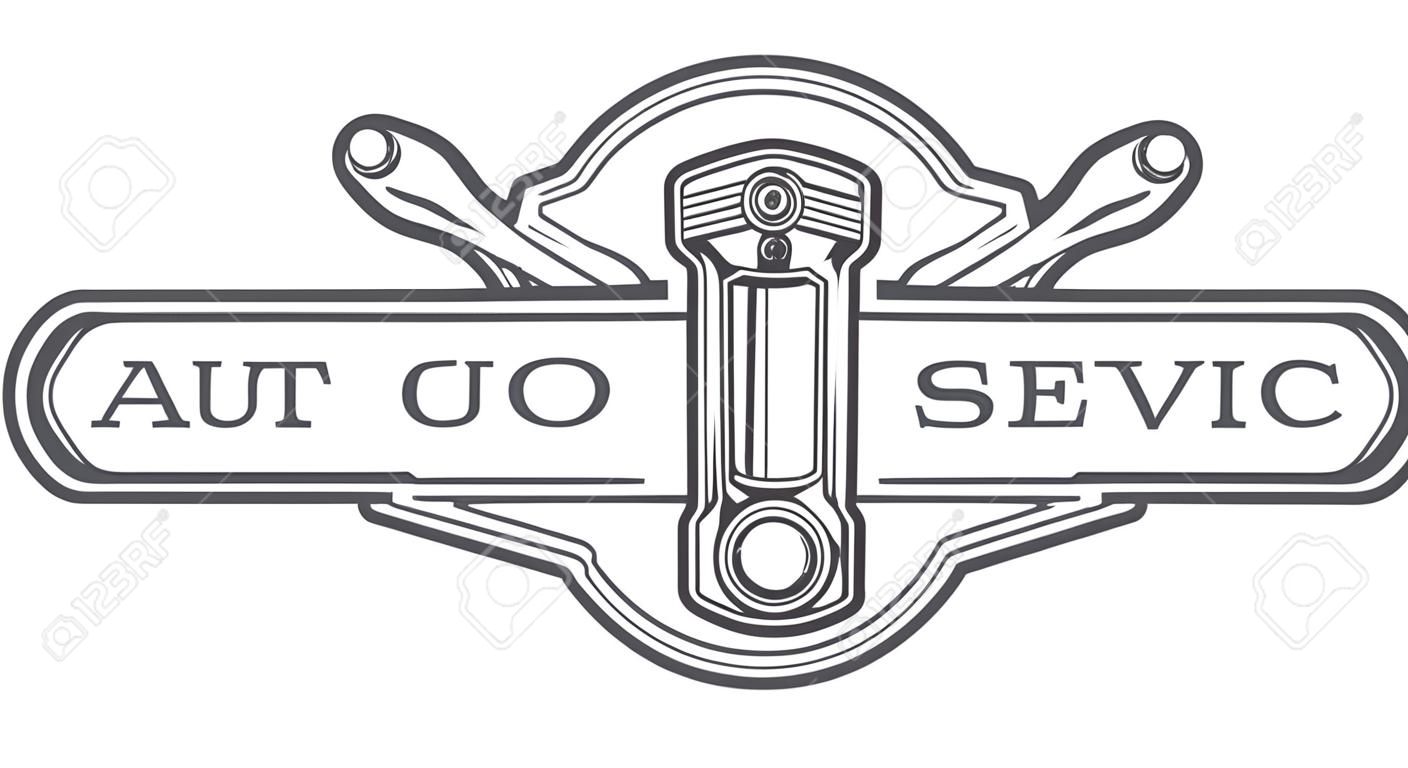 Auto-Service-Emblem, unterzeichnen. Schraubenschlüssel, Kolben und Platz für Text. Die monochrome Stil.