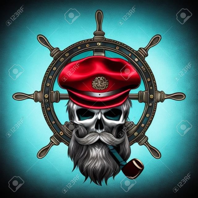 Capitán cráneo en un sombrero con una barba sobre un fondo de timón mar.