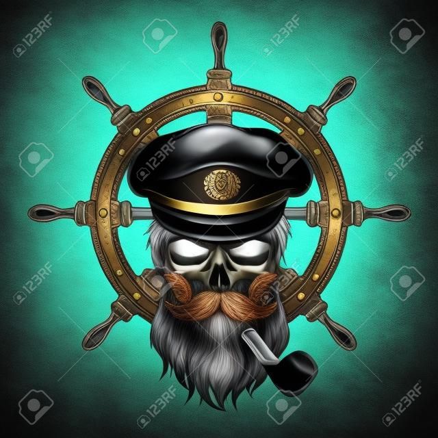 Skull船长戴着一顶戴着胡子的帽子，背景是海盔