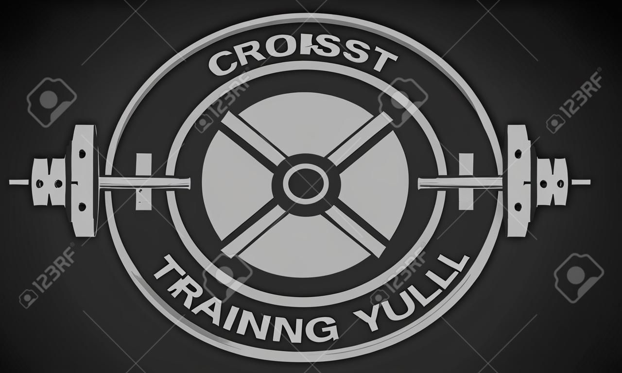 Cross Training and Fitness. Disk weight and  barbell. The monochrome style on a dark background.
