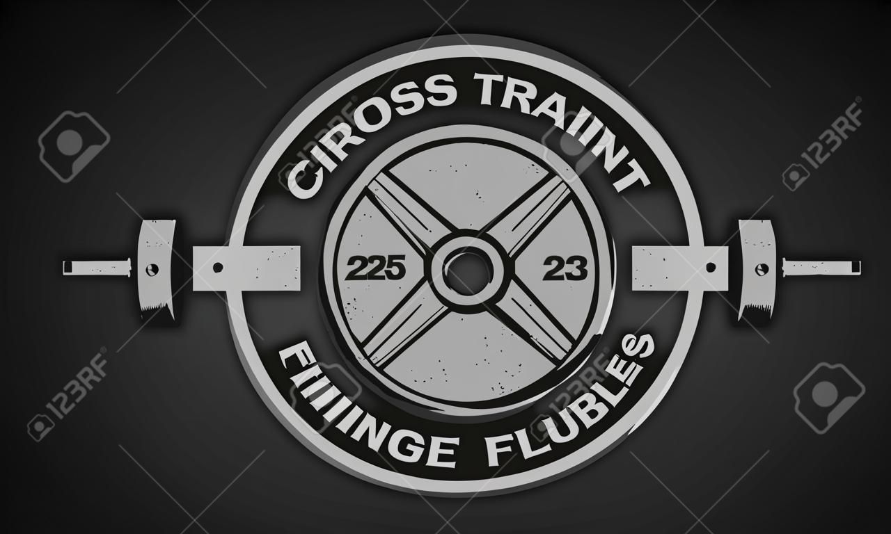 Cross Training and Fitness. Disk weight and  barbell. The monochrome style on a dark background.