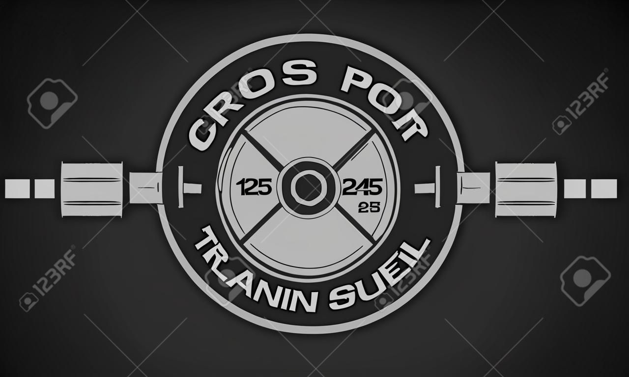 Cross training e fitness. Peso del disco e bilanciere. Lo stile in bianco e nero su uno sfondo scuro.