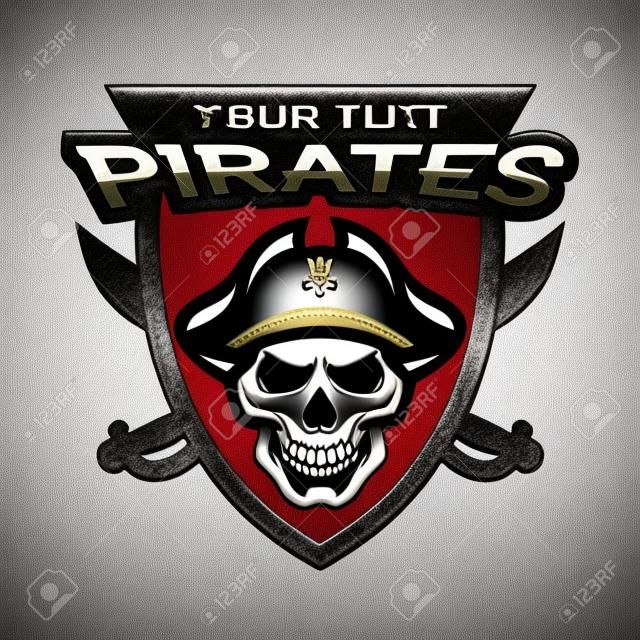 Pirate Skull en gekruiste sabels zee piraten thema badge, logo, embleem.