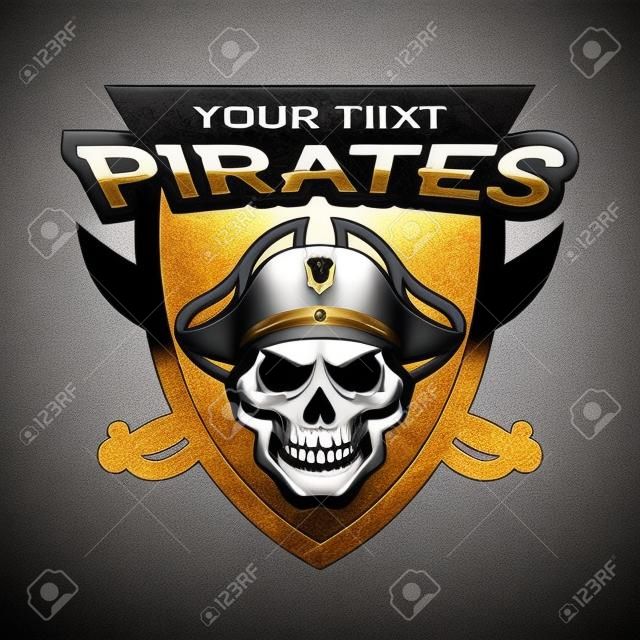 Cráneo pirata y sables cruzados insignia del tema pirata marino, logotipo, emblema.