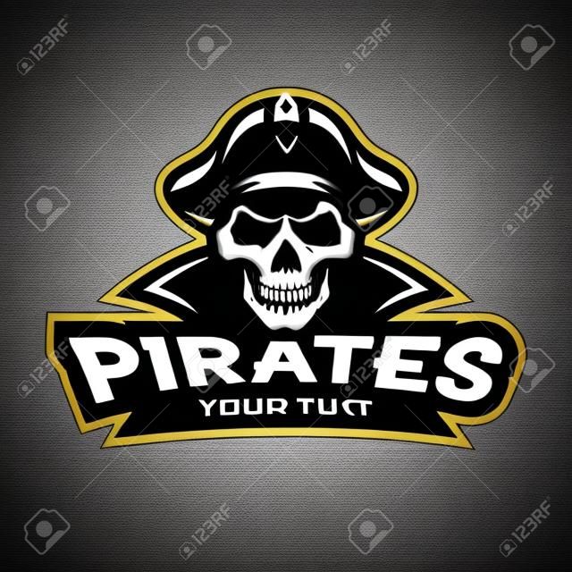 Skull piratas distintivo, logotipo, emblema em um fundo escuro.