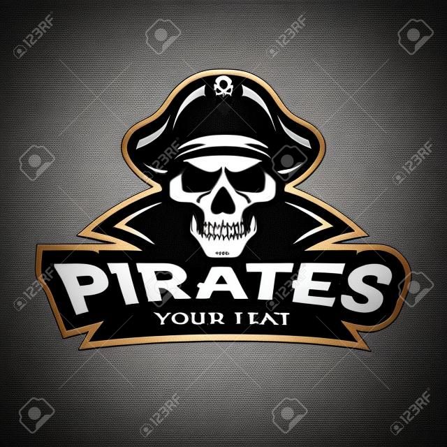 Skull piratas distintivo, logotipo, emblema em um fundo escuro.