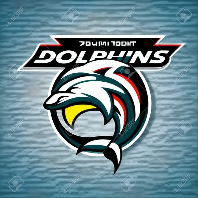 Logotipo do golfinho, emblema para uma equipe esportiva. Ilustração vetorial.