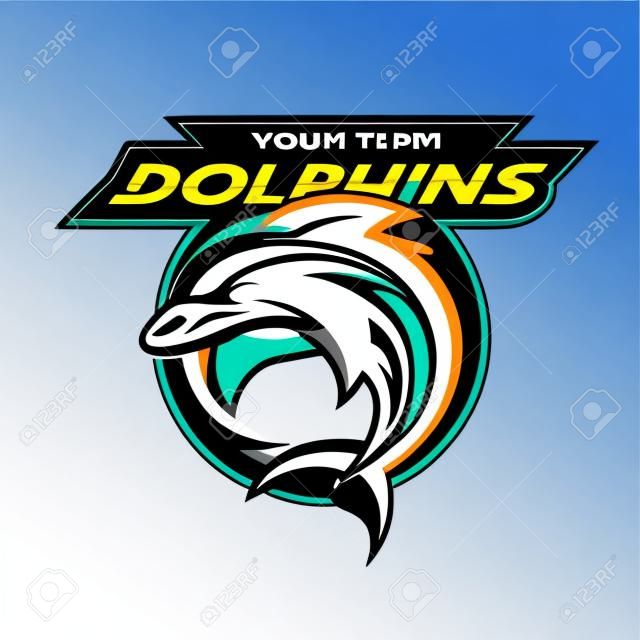 Logotipo do golfinho, emblema para uma equipe esportiva. Ilustração vetorial.