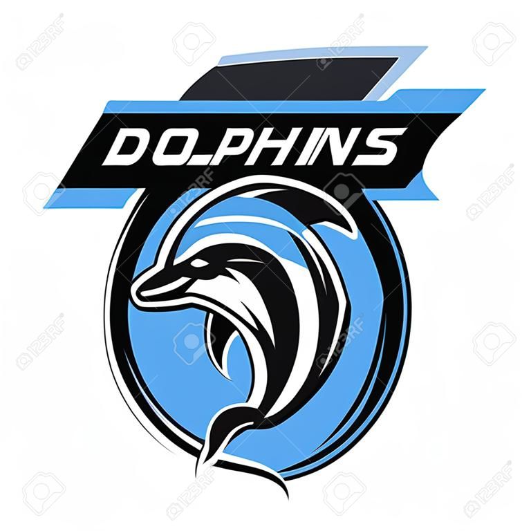 Dolphin logo, emblema per una squadra sportiva. Illustrazione vettoriale.