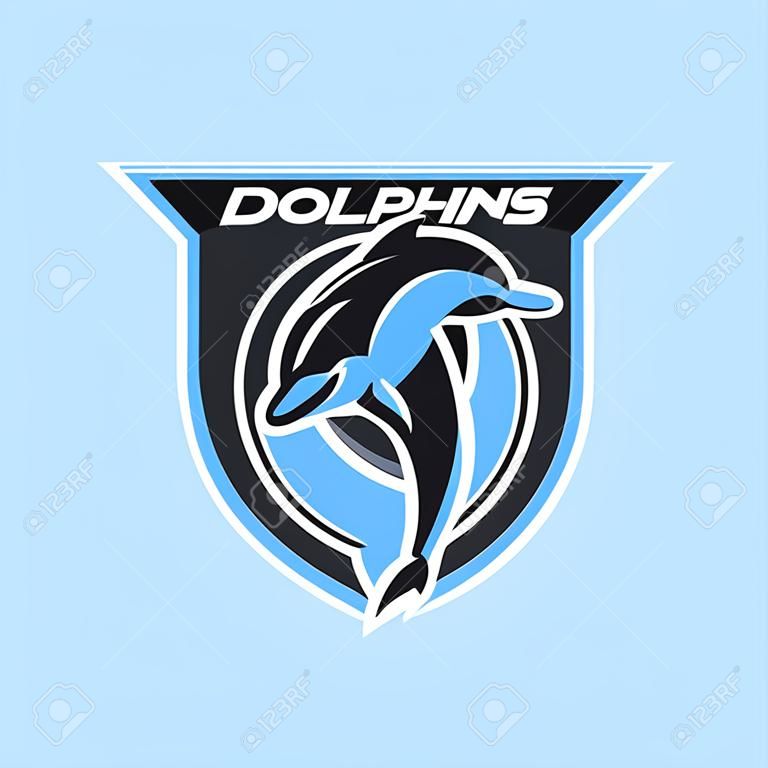 Dolfijn logo, embleem voor een sportteam. Vector illustratie.