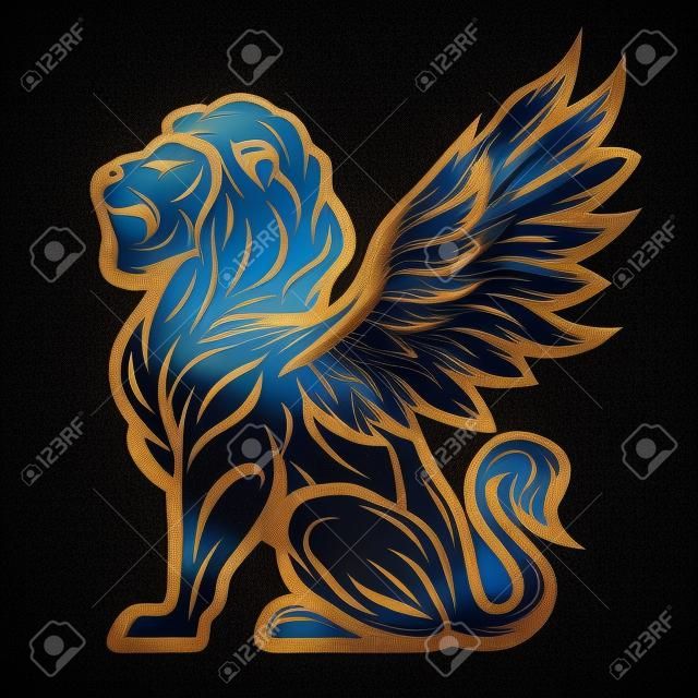 翼を持つ神話のライオンの像。暗い背景。