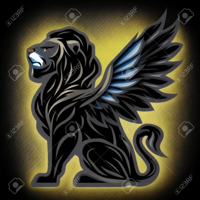 帶翅膀的神話獅子雕像。在黑暗的背景。