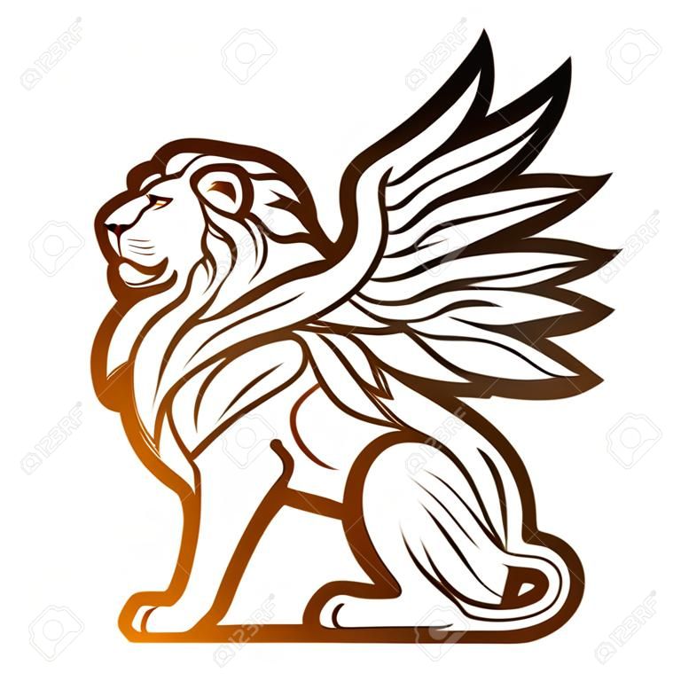 Estátua de leão mitológico com asas. Em um fundo escuro.
