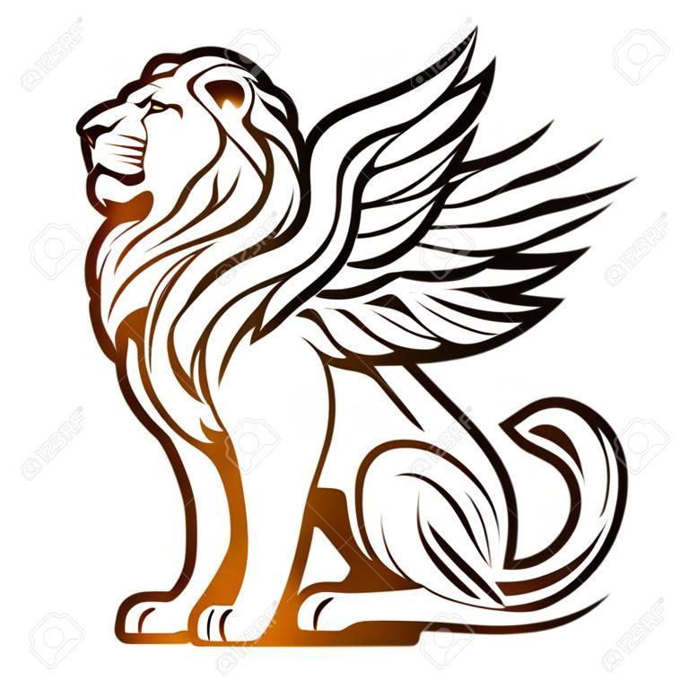 Mythologisch leeuwenbeeld met vleugels. Op een donkere achtergrond.