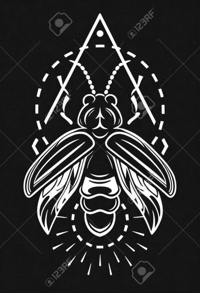 Firefly and geometric elements monochrome symbol Vector illustration.