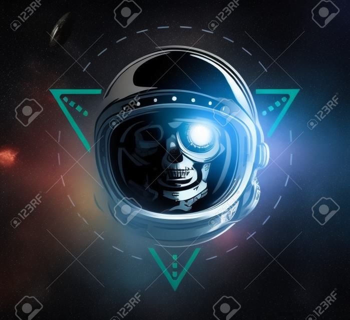 Lost in Space. A dead astronaut in a spacesuit on background of geometric elements.