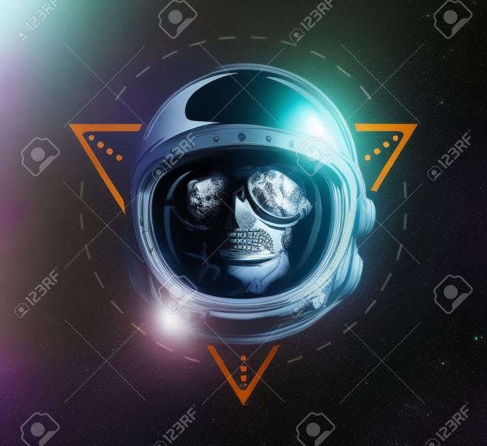 Lost in Space. A dead astronaut in a spacesuit on background of geometric elements.