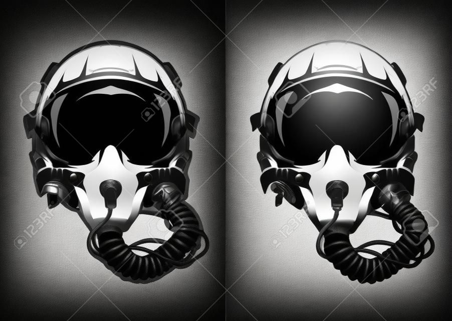 Piloto de combate del casco para el fondo oscuro y blanco.