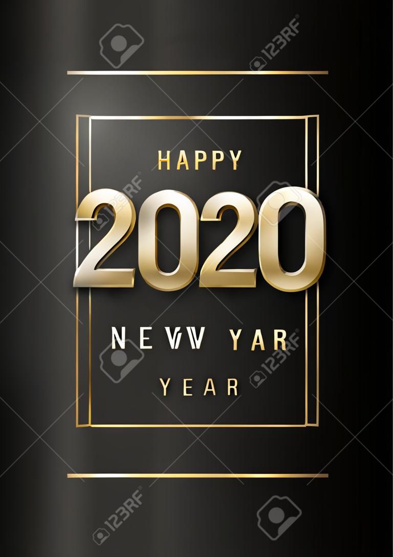 Felice anno nuovo, banner con numeri 3d in oro 2020 su sfondo scuro.