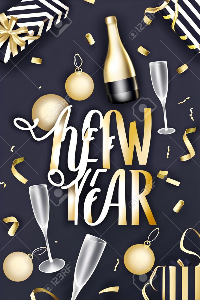 Neujahrsdesign. Layout mit Sektglas, Flasche, Goldkugeln, Konfetti, Geschenkpaketen und Neujahrsbeschriftung.